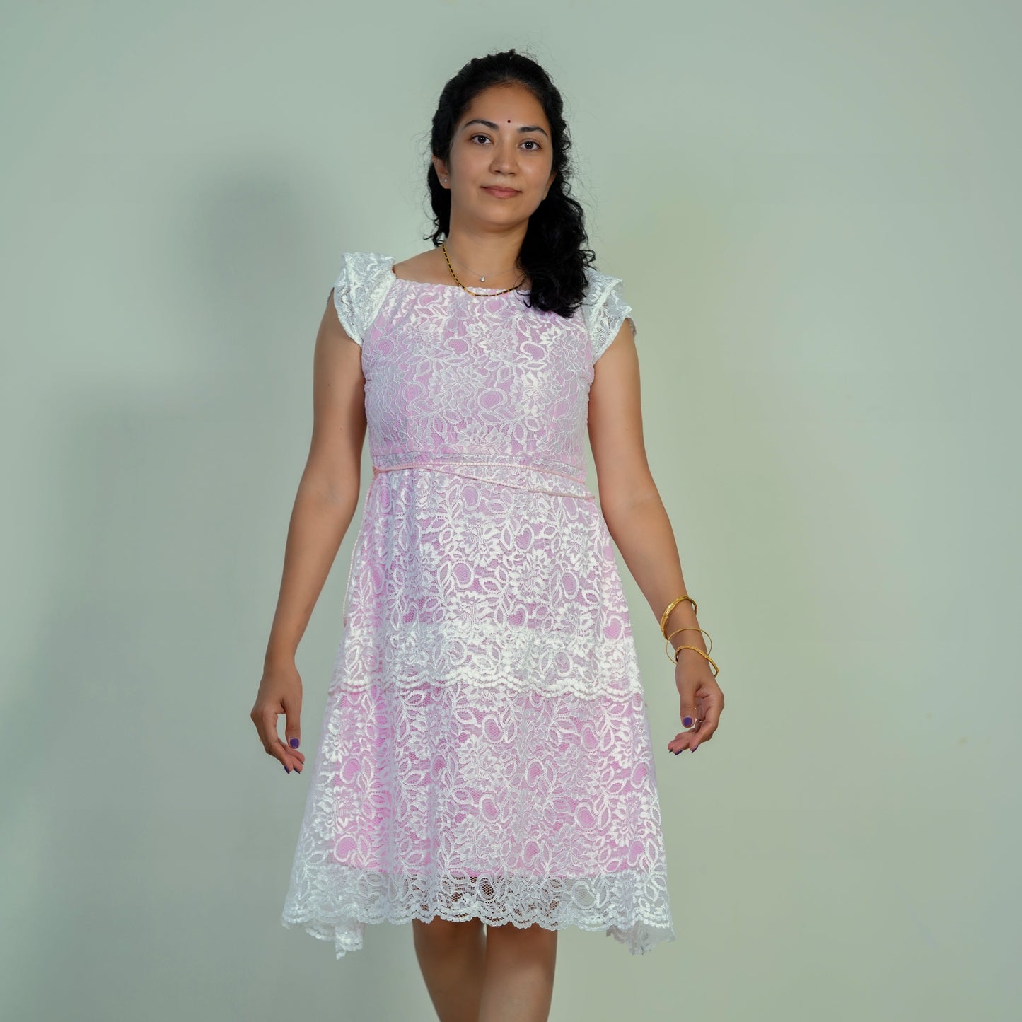"Saraswathi White" Boat Neck Lace Dress In Pink Lining Dress Lavie by LDM