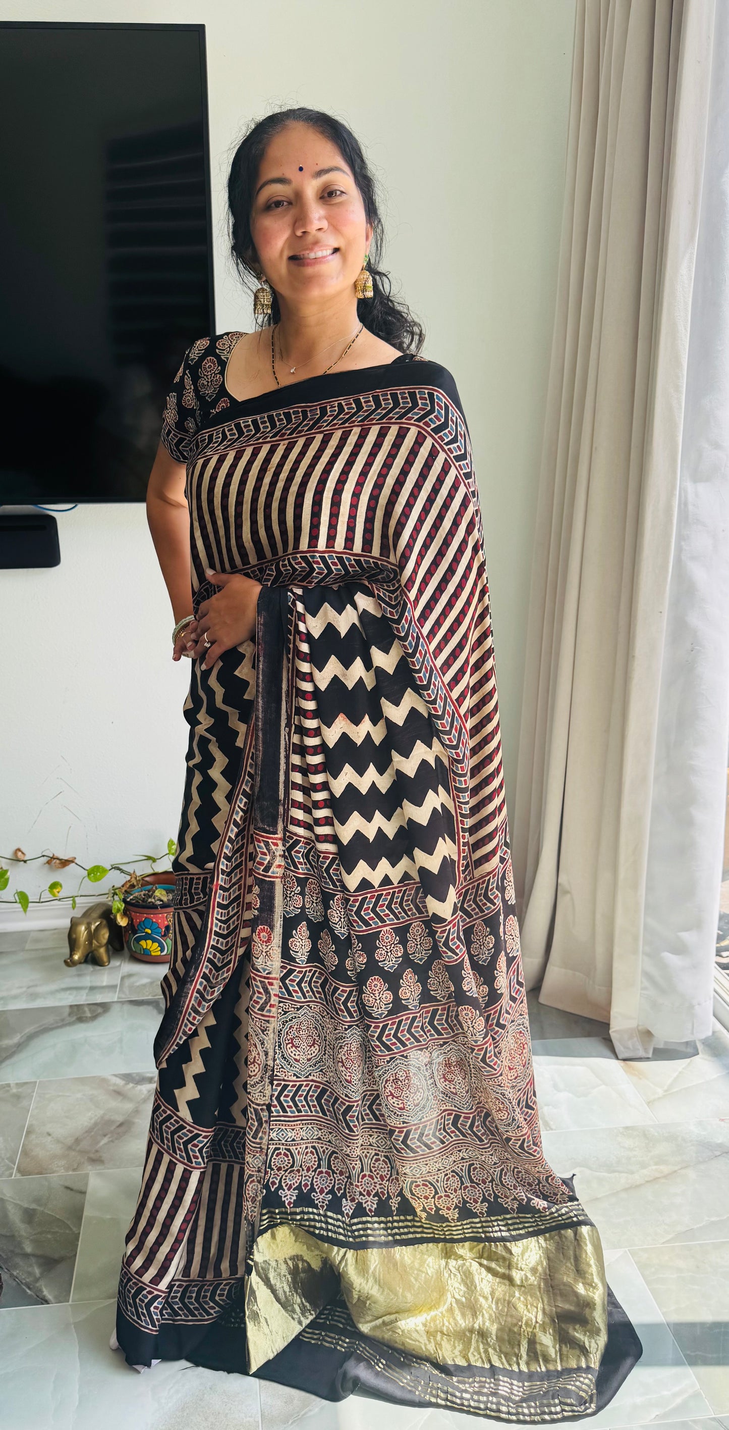 Ajrak Hand Block Printed Natural Dye Modal Silk Saree with Stitched Blouse