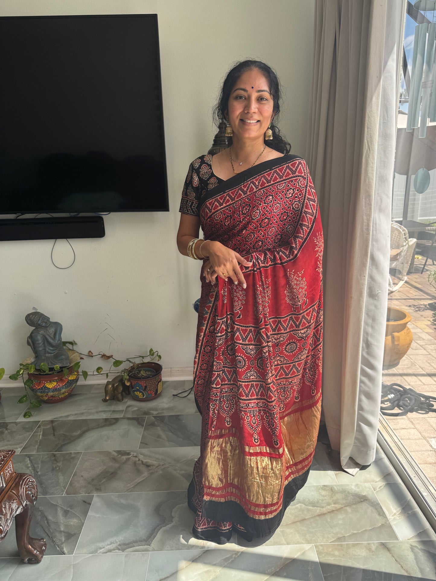 Ajrak Hand Block Printed Natural Dye Modal Silk Saree with Stitched Blouse