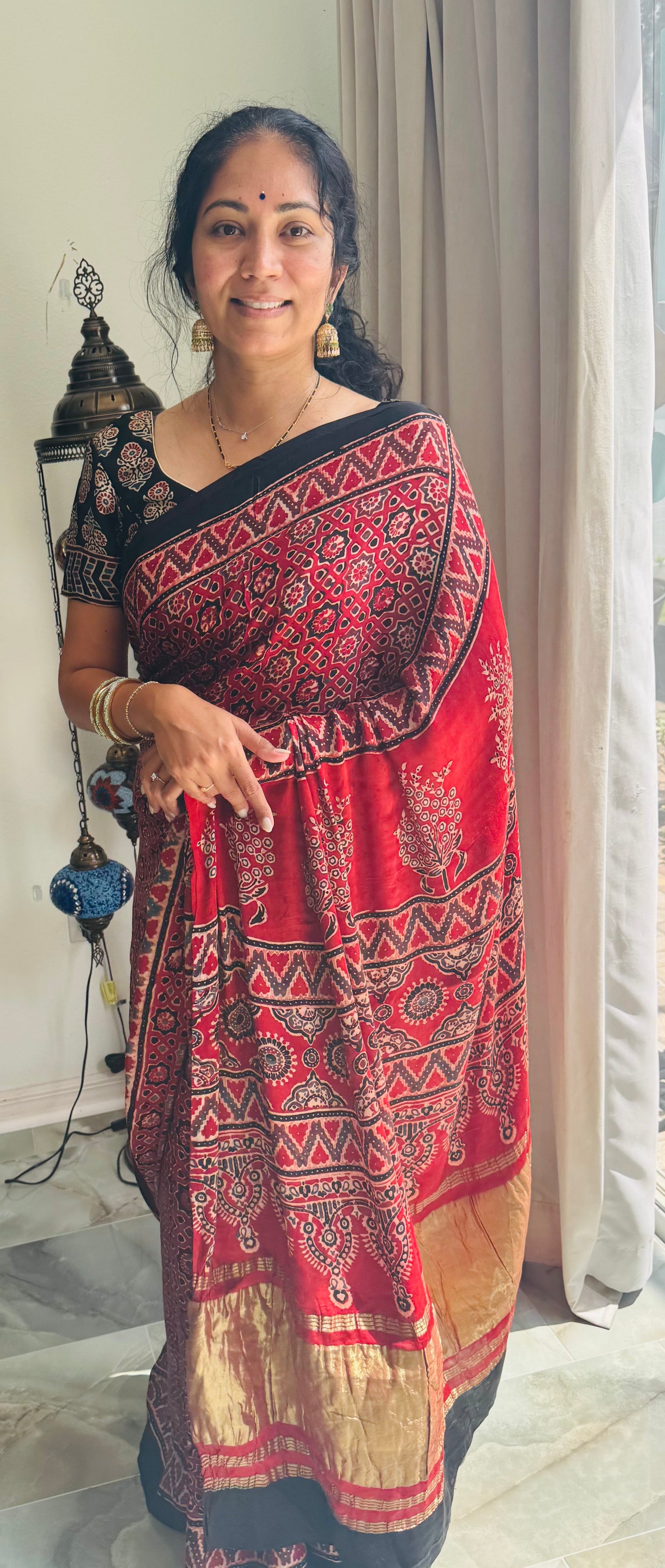 Ajrak Hand Block Printed Natural Dye Modal Silk Saree with Stitched Blouse