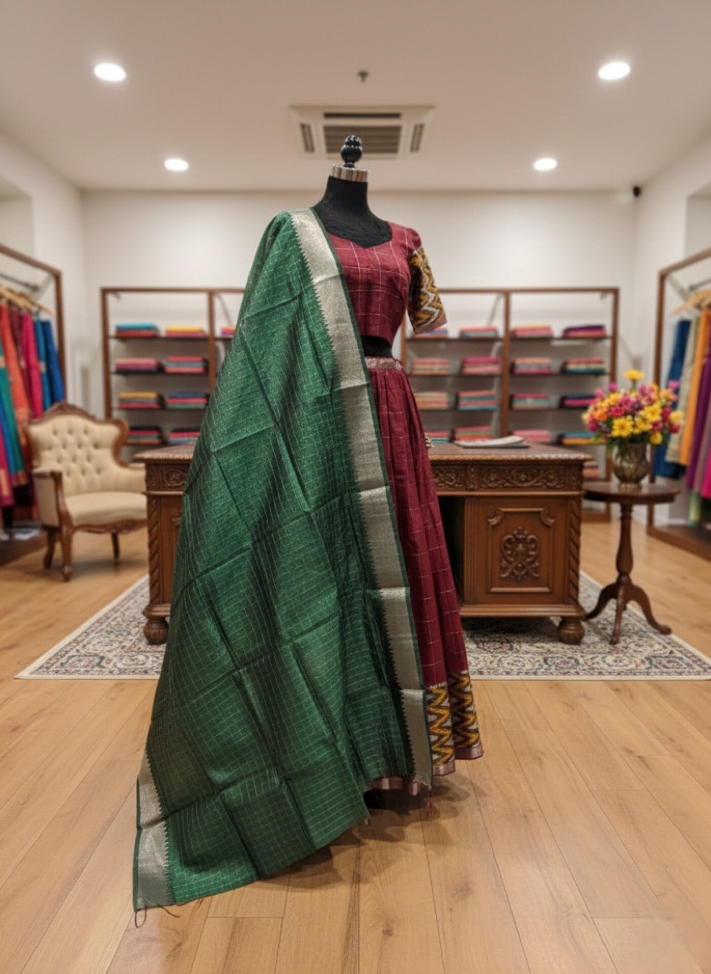 Mangalagiri Lehenga with Digital Printed Dupatta – Silk Cotton | Festive Collection. Maroon Checkered Lehenga Set with Contrast Green Dupatta