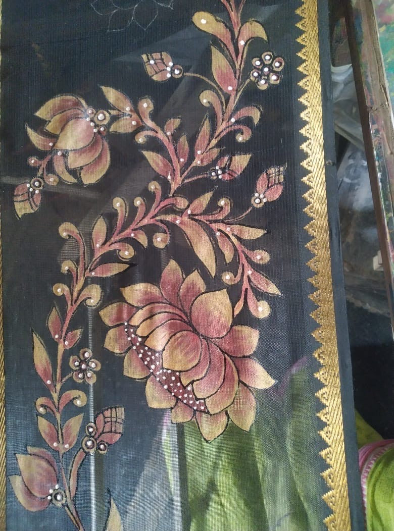 LavNi "Rose Gold On Black Beauty" Lavie By LDM Signature Painted Mangalagiri Handloom Sari And Stitched Blouse