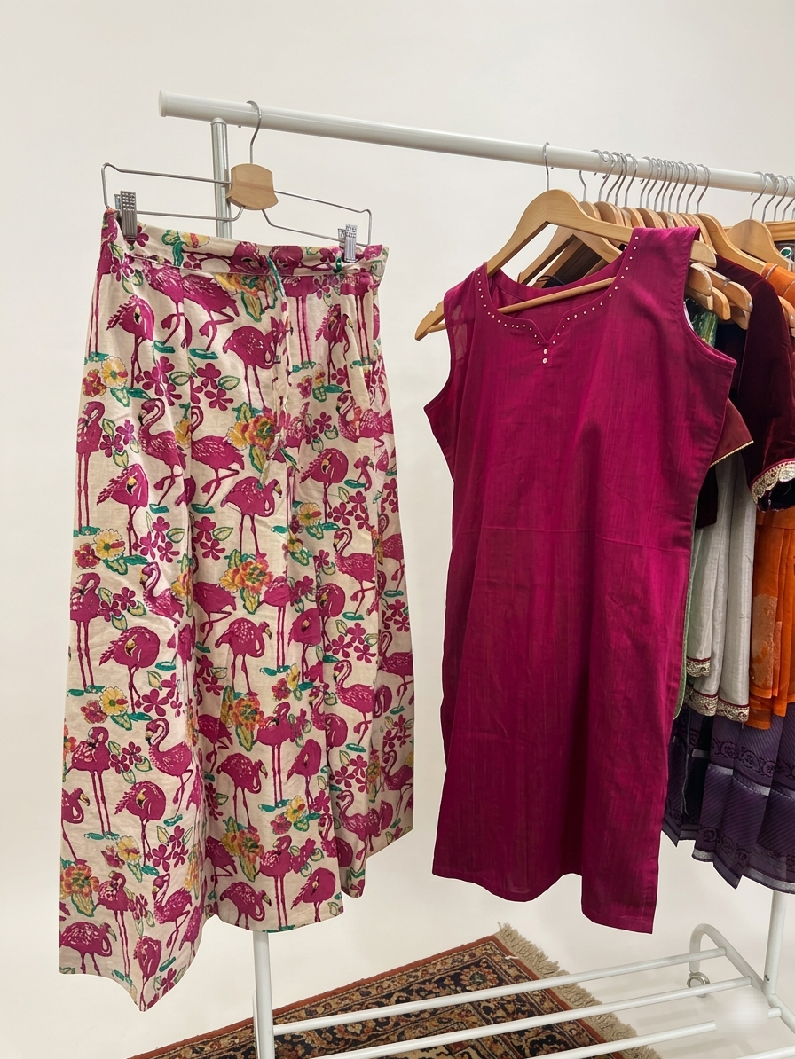 Lavie Premium
Fabric : Kalamkari cotton
Lavie designed this fabric from scratch.
Flamingo screen printed on Kalamkari cotton
Took 3 months to weave
Sharara set with had embroidery kurtha