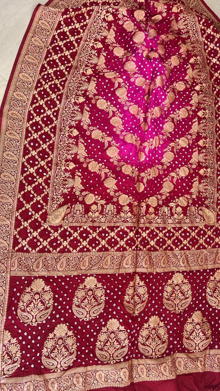 Meenakshi collection
Fabric : Dupian Silk Sari
Bandini tie and dye from Rajasthan
Benarasi Dupian silk from Varanasi
Stitched blouse
38 to 42 size