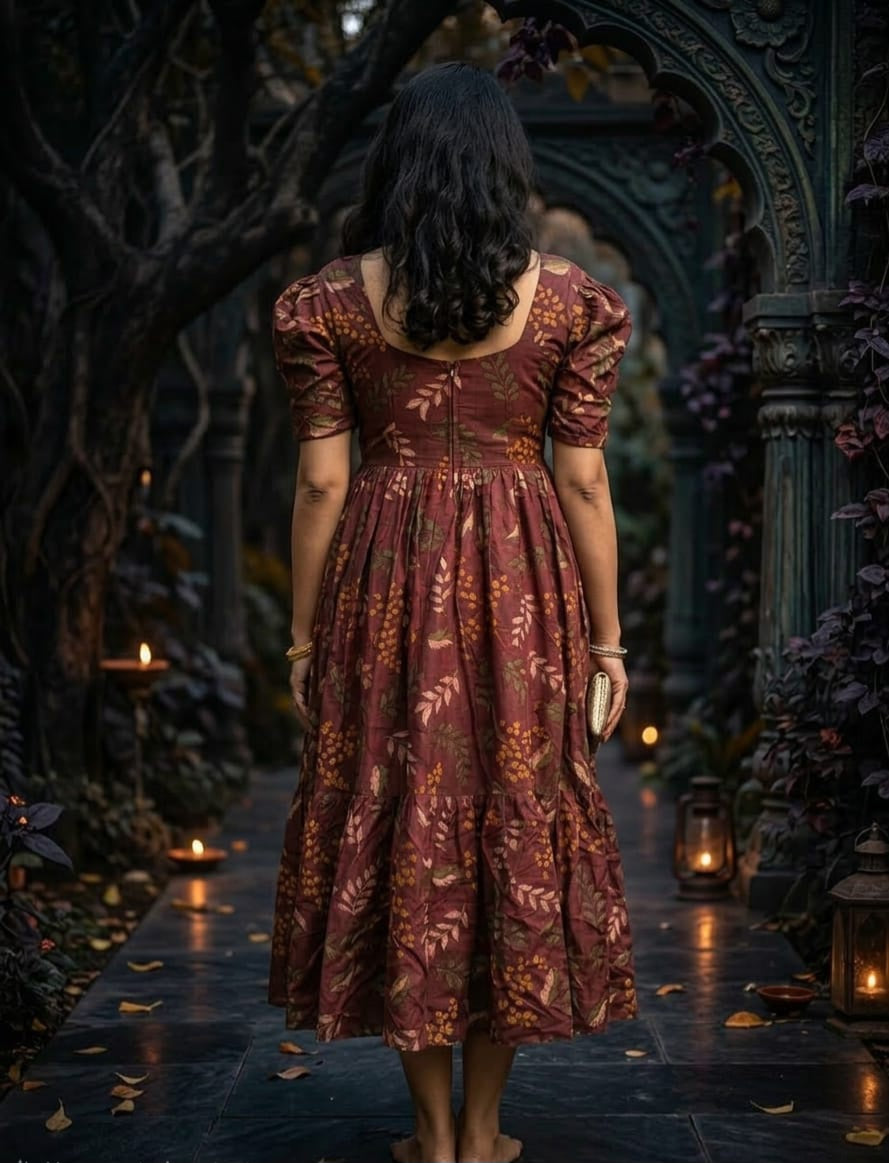 Floral printed dress in rust brown color , fully lined and one side pocket
Summer dress