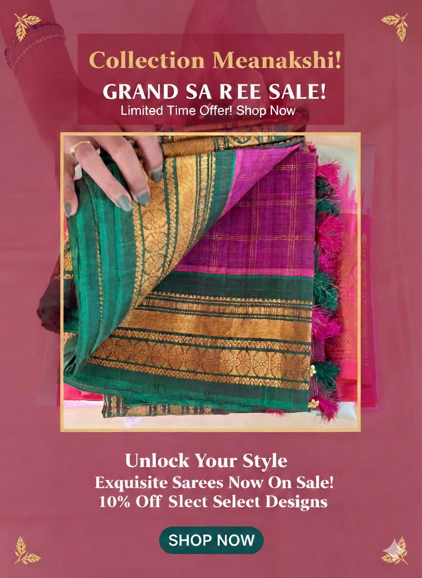 Authentic Pure Silk Gadwal Handloom Saree – Vintage Checks with Traditional Temple Border