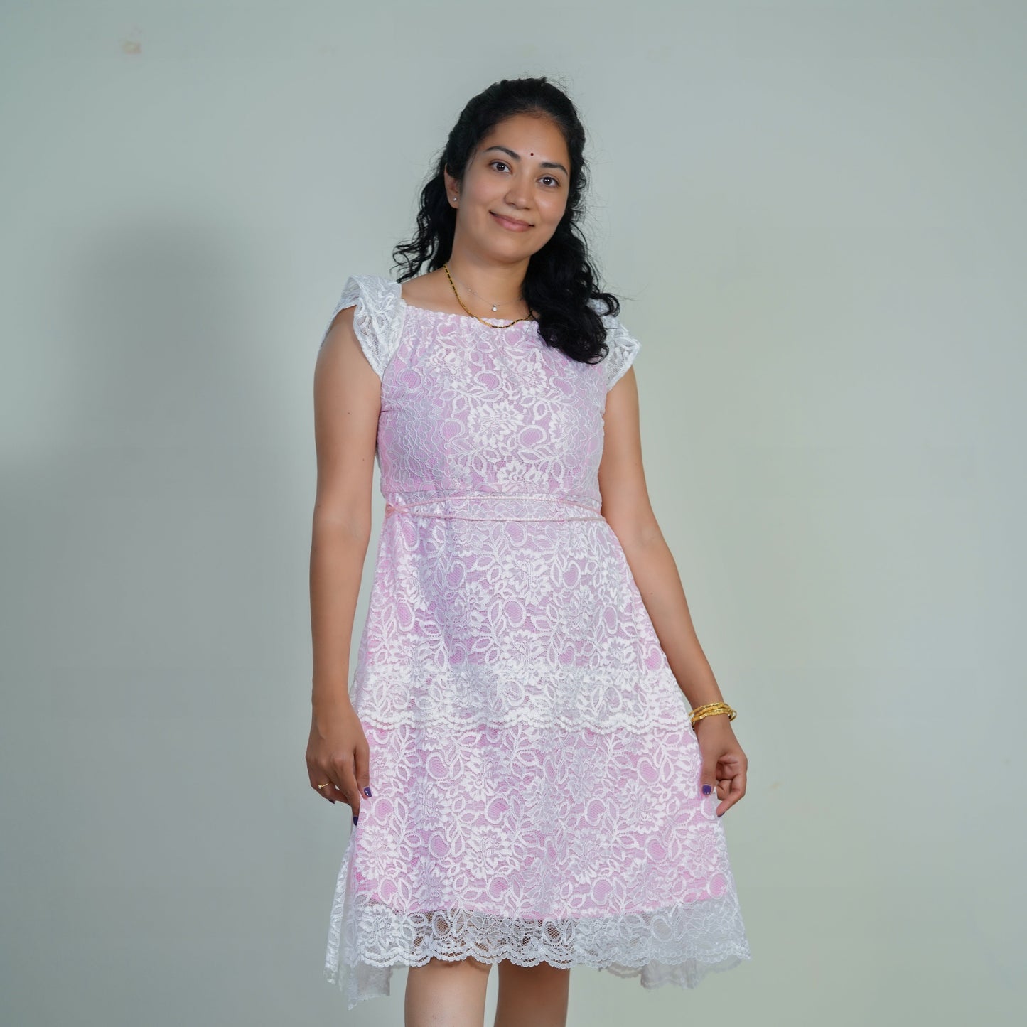 "Saraswathi White" Boat Neck Lace Dress In Pink Lining Dress Lavie by LDM 