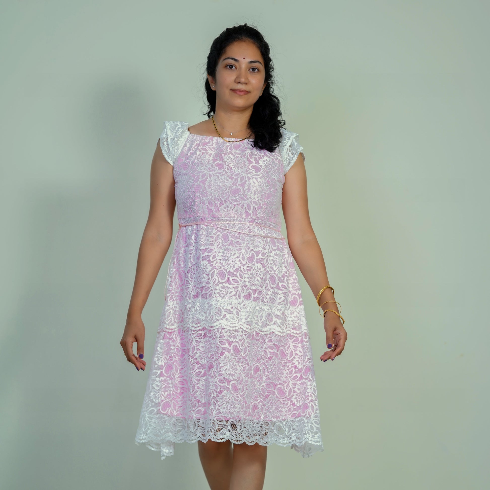 "Saraswathi White" Boat Neck Lace Dress In Pink Lining Dress Lavie by LDM 