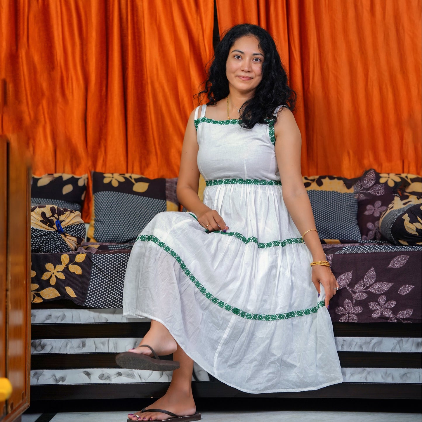 "Saraswathi White" Double Strapped Mulmul Cotton Dress In Green Lace Stitch Dress Lavie by LDM 