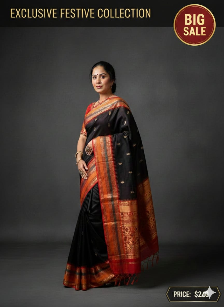 Meenakshi Sarees Black 
Minimal color Maximum impact 
Authentics  of Gadwal 
Fabric : Pure Silk By Silk Gadwal Handloom  Pure zari 
Temple border
Handmade tassels
Stitched blouse 38 to 42 bust
$ 240