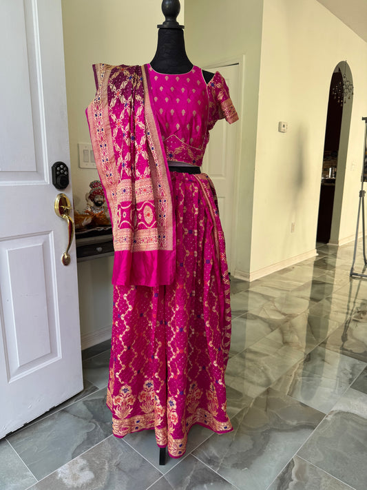 Rani Pink Royal Bandhani Dupian Silk Lehenga with duppatta Choli