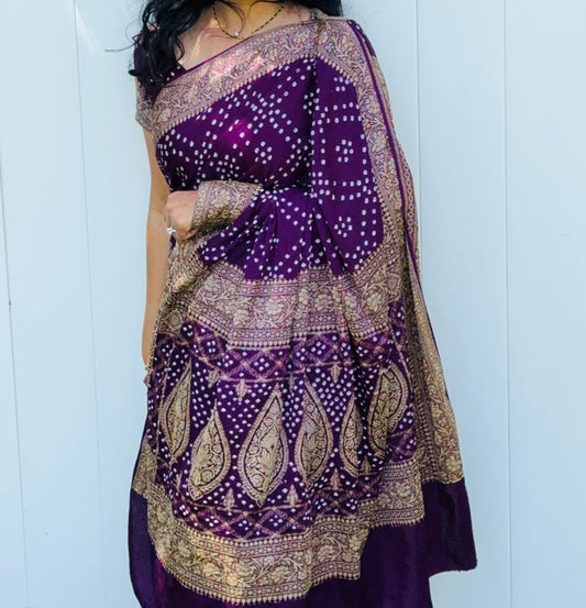 Handcrafted Bandhani Sari – Gajji & Semi-Silk Blend  With Stitched Blouse sizes 36 to 40 for adjustment
