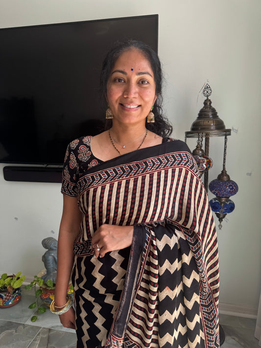 Ajrak Hand Block Printed Natural Dye Modal Silk Saree with Stitched Blouse