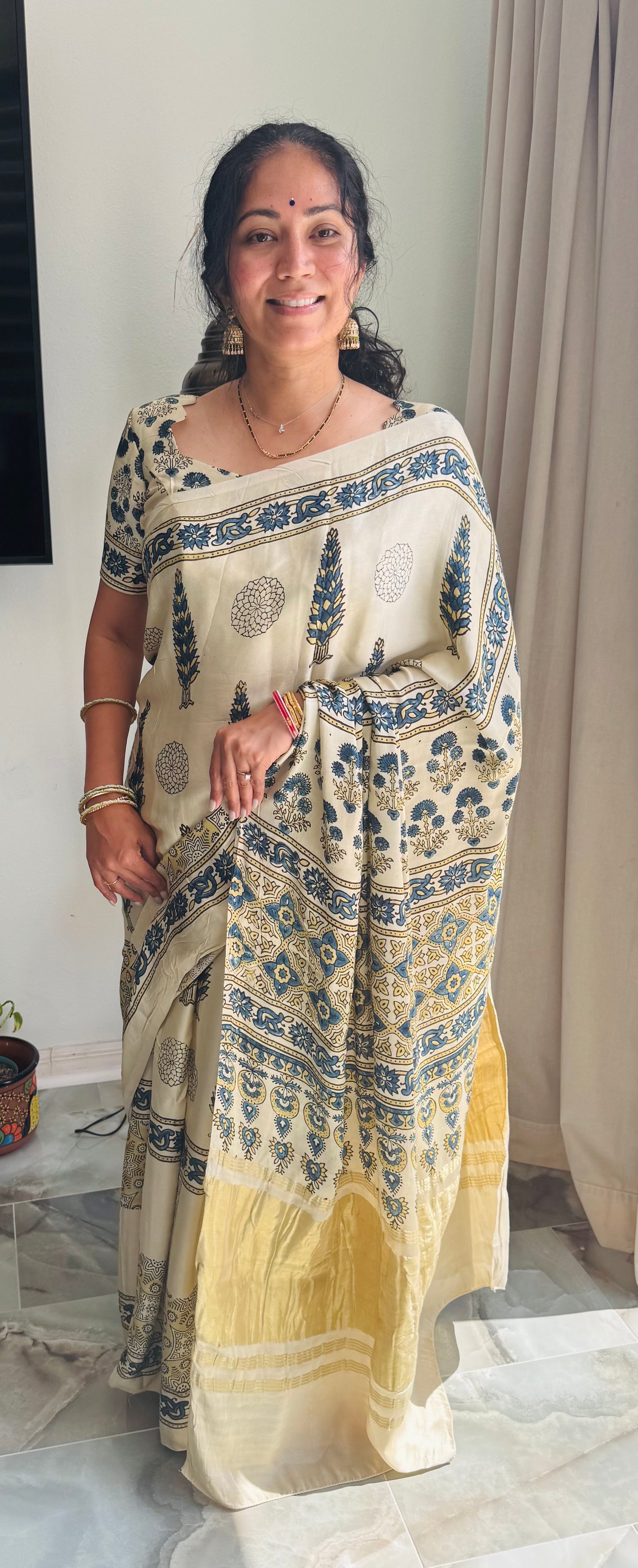 Ajrak Hand Block Printed Natural Dye Modal Silk Saree with Stitched Blouse