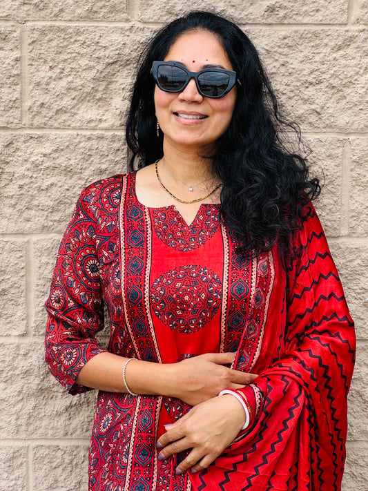 Ajrak Hand Block Printed Natural Dye Modal Silk 3 piece suit