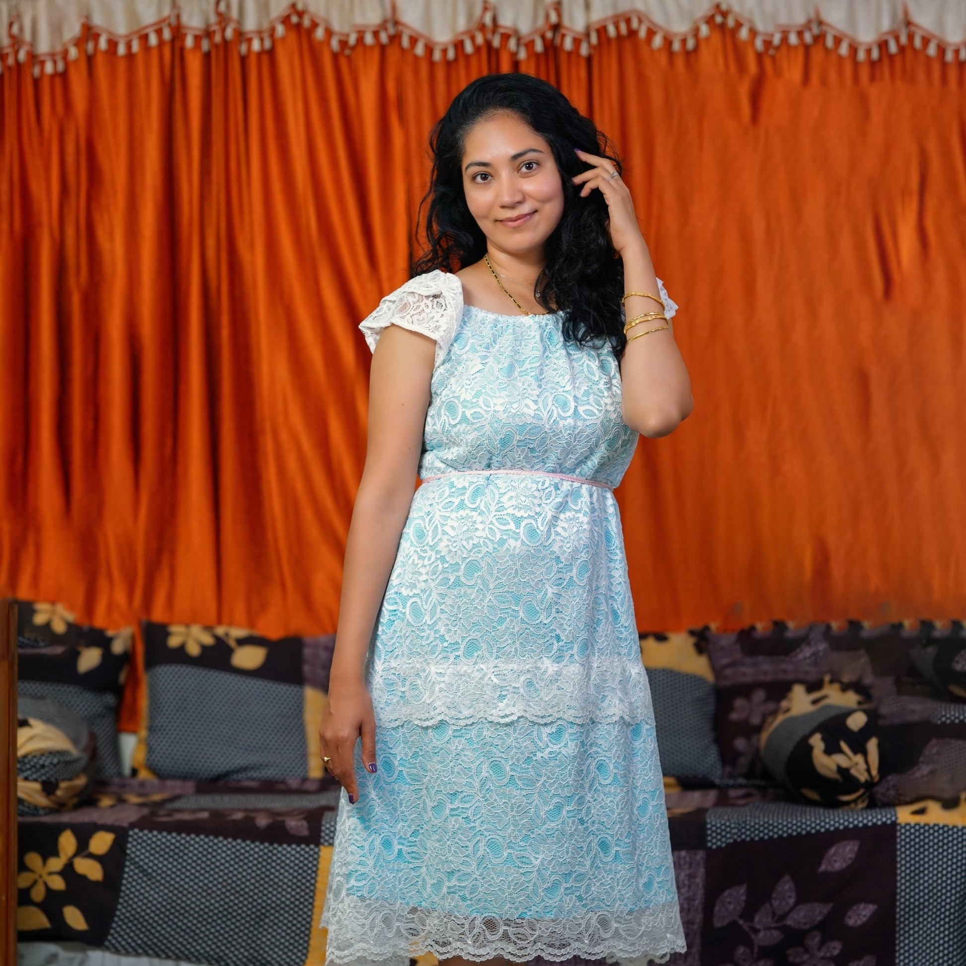 "Saraswathi White" Boat Neck Lace Dress In Blue Lining Dress Lavie by LDM 