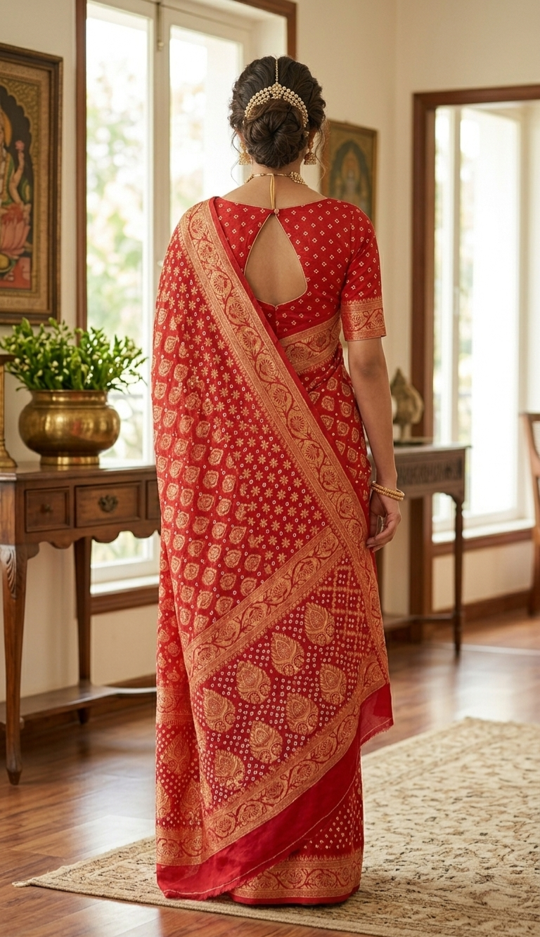 Meenakshi collection 

Fabric : Dupian Silk Sari
Bandini tie and dye from Rajasthan 
Benarasi Dupian silk from Varanasi 
Stitched blouse 
38 to 42 size