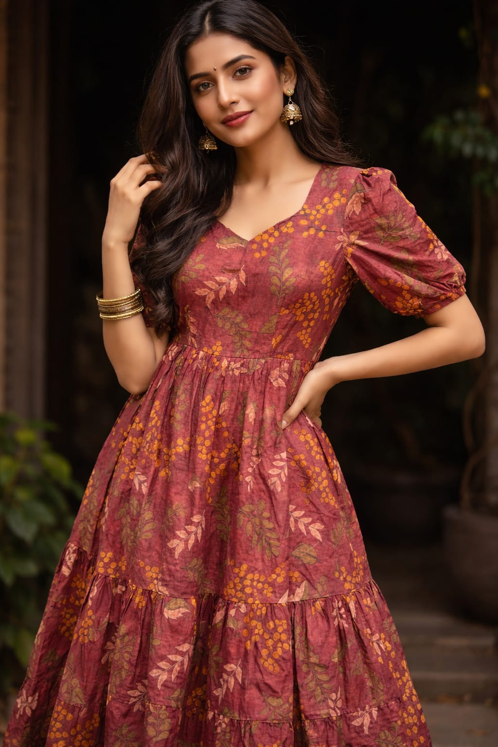 Floral printed dress in rust brown color , fully lined and one side pocket 
Summer dress