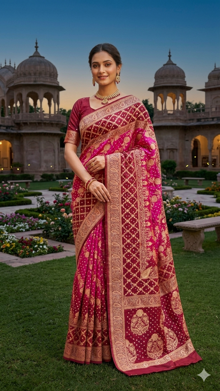 Meenakshi collection 
Fabric : Dupian Silk Sari
Bandini tie and dye from Rajasthan 
Benarasi Dupian silk from Varanasi 
Stitched blouse 
38 to 42 size
