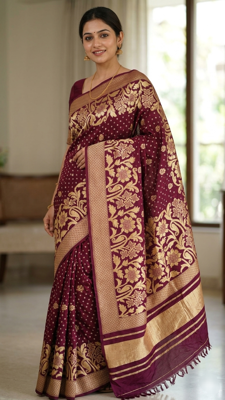 Meenakshi collection 
Fabric : Dupian Silk Sari
Bandini tie and dye from Rajasthan 
Benarasi Dupian silk from Varanasi 
Stitched blouse 
38 to 42 size
