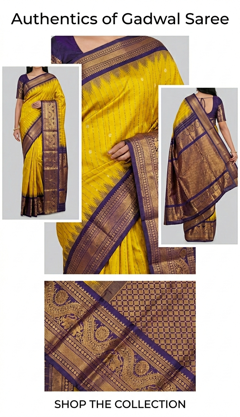 Authentics of Gadwal
Mustard yellow to navy blue combination 
Fabric : Pure Silk , pure zari 
Handloom