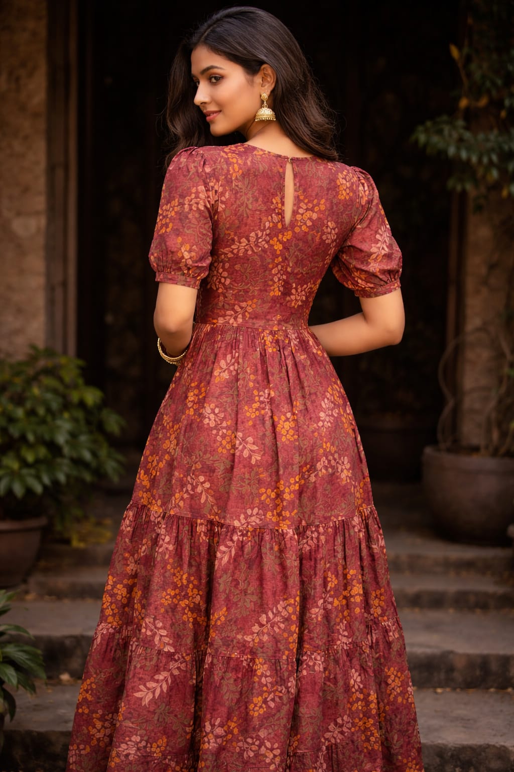 Floral printed dress in rust brown color , fully lined and one side pocket 
Summer dress