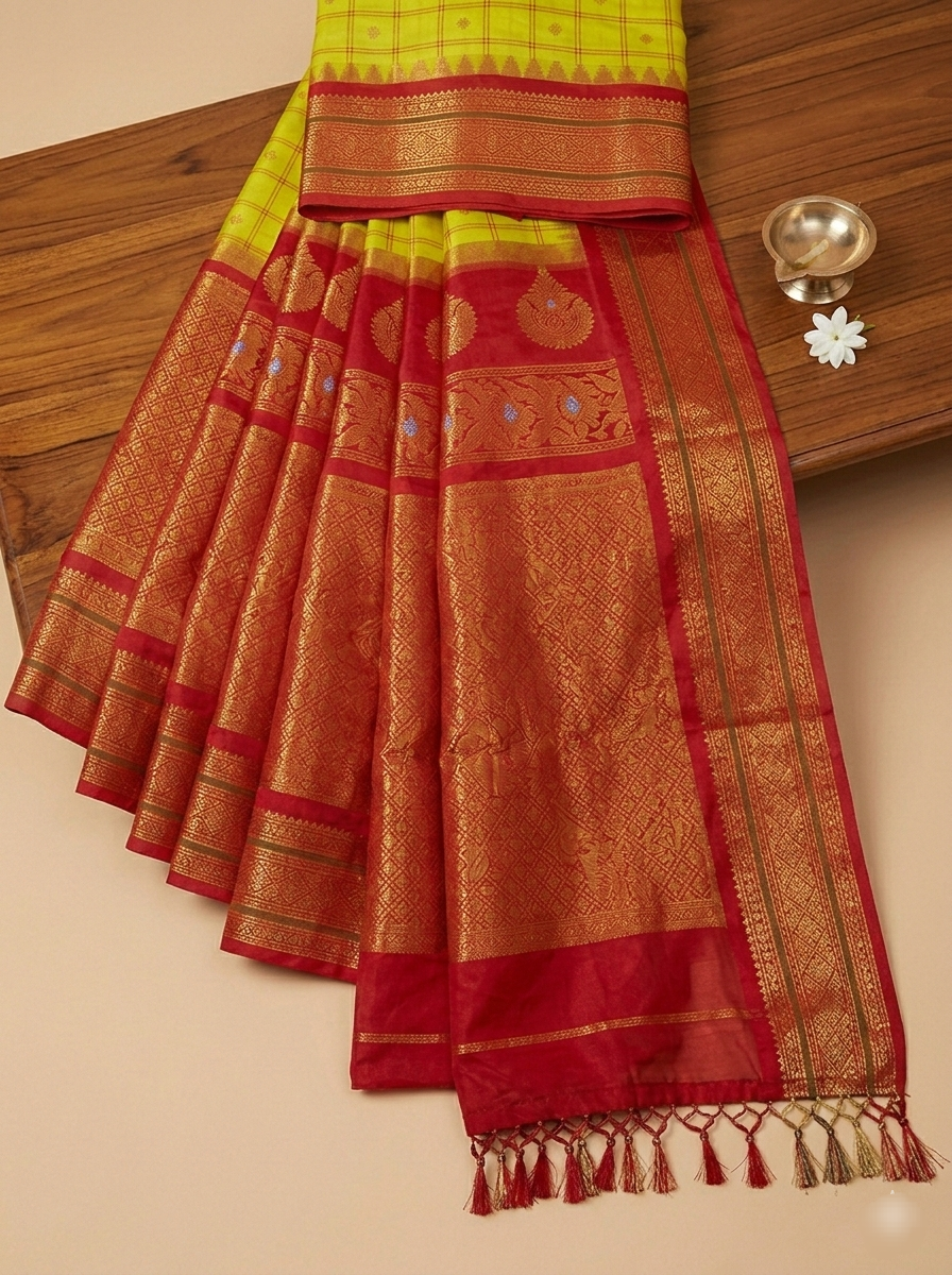 Authentics of Gadwal
Greenish yellow to red  combination 
Stone studded earring inspiration weaving 
Fabric : Pure Silk , pure zari 
Handloom
Sari with blouse stitched to size 38 - 42 inches bust