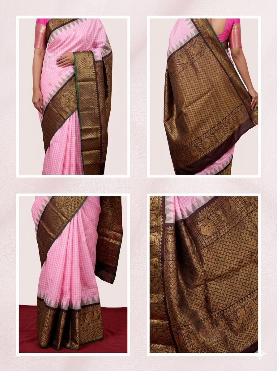 Authentics of Gadwal Pink Checks and zari butta heavy brocade pallu 
Fabric : Pure Silk , pure zari 
Handloom
Sari with blouse stitched to size 38 - 42 inches
