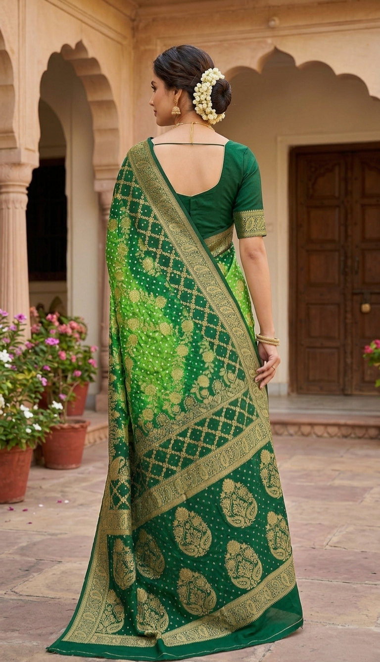 Exquisite Bottle Green Banarasi Bandhani Silk Saree with Rich Gold Zari Border & Flora Buta            Meenakshi collection 
Fabric : Dupian Silk Sari
Bandini tie and dye from Rajasthan 
Benarasi Dupian silk from Varanasi 
Stitched blouse 
38 to 42 size