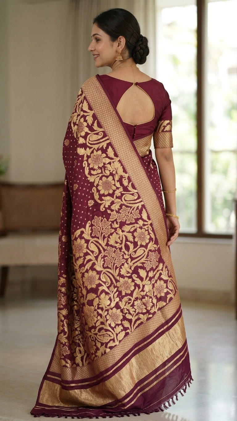 Meenakshi collection 
Fabric : Dupian Silk Sari
Bandini tie and dye from Rajasthan 
Benarasi Dupian silk from Varanasi 
Stitched blouse 
38 to 42 size