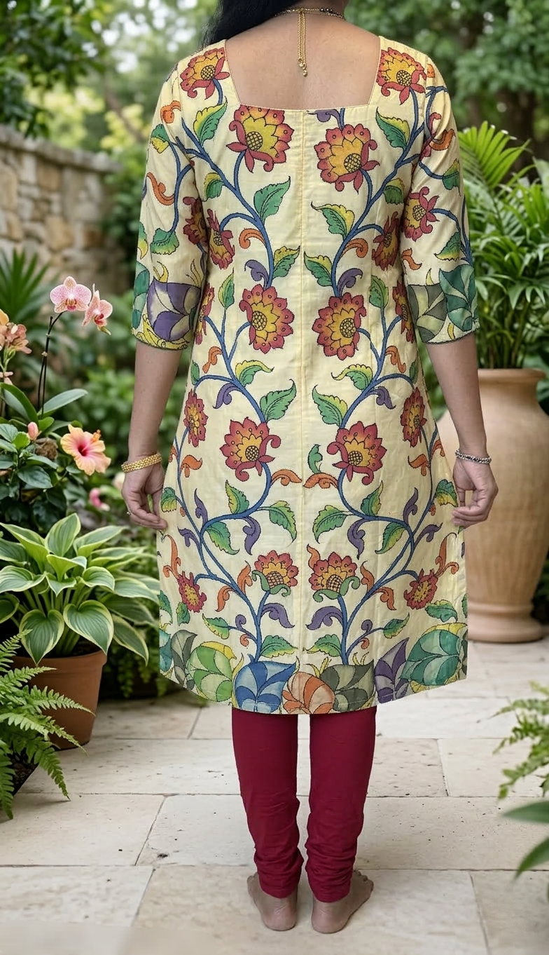 Pen Kalamkari which is Handpainted on cotton silk
Kurti