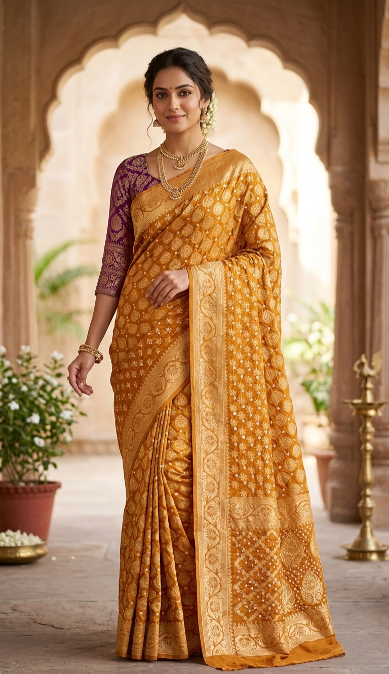Meenakshi collection 

Fabric : Dupian Silk Sari
Bandini tie and dye from Rajasthan 
Benarasi Dupian silk from Varanasi 
Stitched blouse 
38 to 42 size