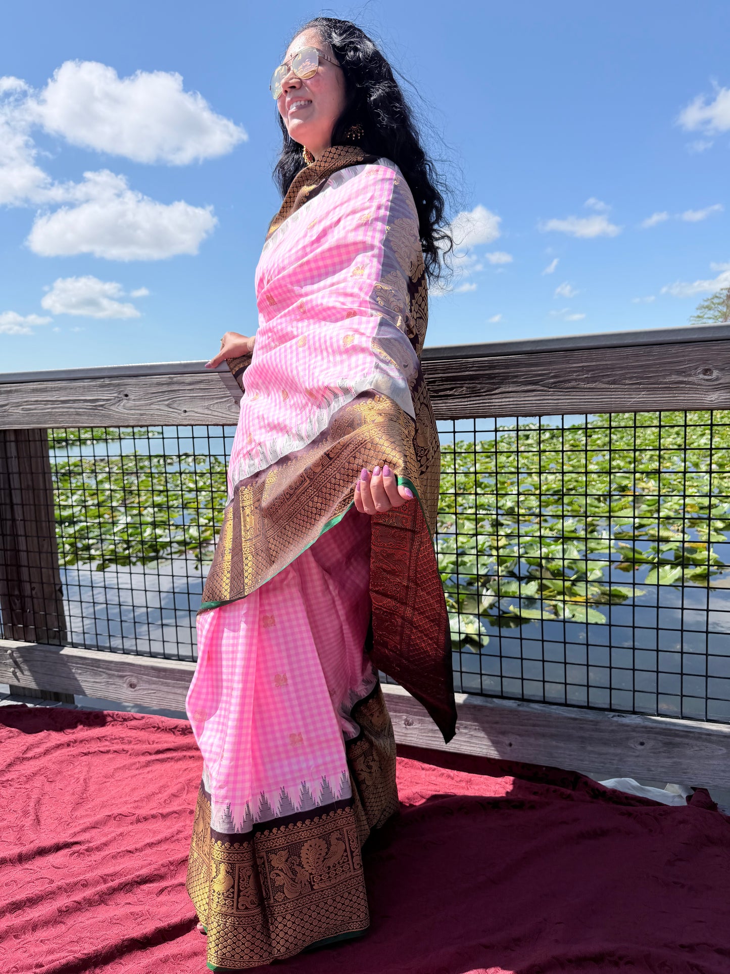 Authentics of Gadwal Pink Checks and zari butta heavy brocade pallu 
Fabric : Pure Silk , pure zari 
Handloom
Sari with blouse stitched to size 38 - 42 inches