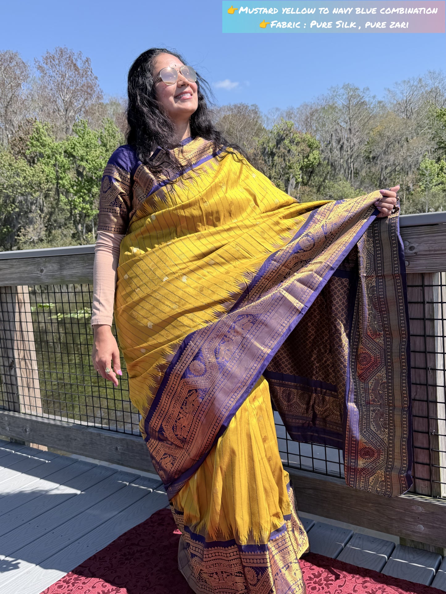 Authentics of Gadwal
Mustard yellow to navy blue combination 
Fabric : Pure Silk , pure zari 
Handloom