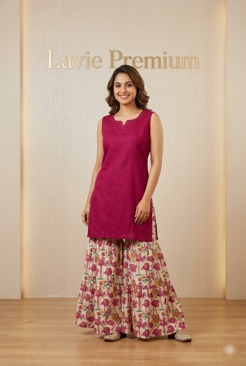 Lavie Premium
Fabric : Kalamkari cotton
Lavie designed this fabric from scratch.
Flamingo screen printed on Kalamkari cotton 
Took 3 months to weave 
Sharara set with had embroidery kurtha