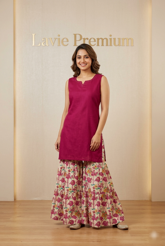Lavie Premium
Fabric : Kalamkari cotton
Lavie designed this fabric from scratch.
Flamingo screen printed on Kalamkari cotton 
Took 3 months to weave 
Sharara set with had embroidery kurtha