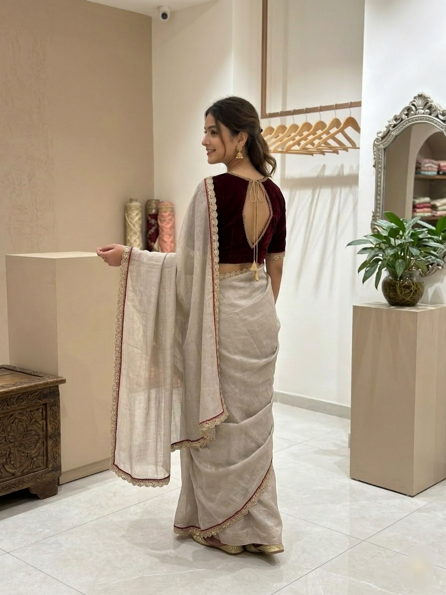 Chanderi Silk Silver Tissue Saree with Red Velvet Blouse – Lavie Premium Design
