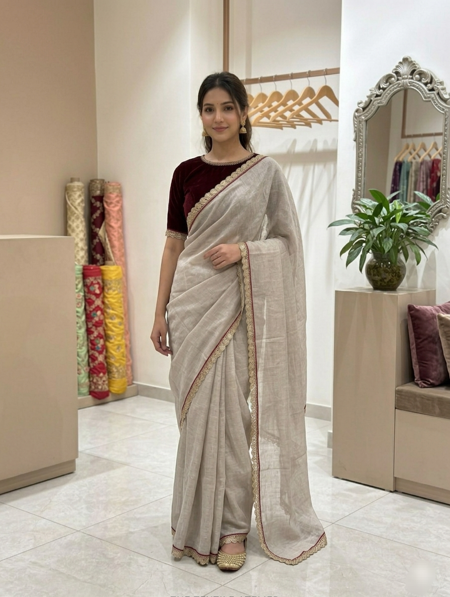 Chanderi Silk Silver Tissue Saree with Red Velvet Blouse – Lavie Premium Design