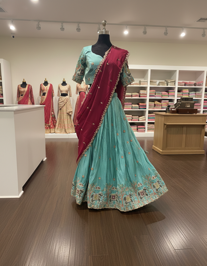 Regal Teal Blue Silk Lehenga Set with Elephant Embroidery & Deep Maroon Dupatta