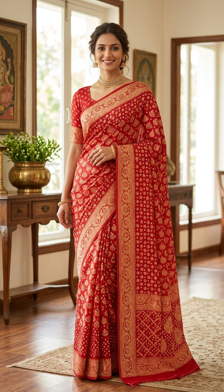 Meenakshi collection 

Fabric : Dupian Silk Sari
Bandini tie and dye from Rajasthan 
Benarasi Dupian silk from Varanasi 
Stitched blouse 
38 to 42 size