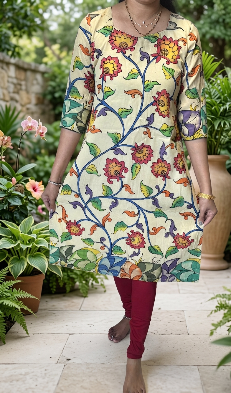 Pen Kalamkari which is Handpainted on cotton silk
Kurti