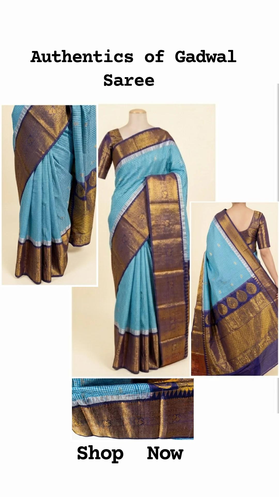 Authentics of Gadwal

Blue Checks and zari butta heavy brocade pallu 
Fabric : Pure Silk , pure zari 
Handloom
Sari with blouse stitched to size 38 - 42 inches bust