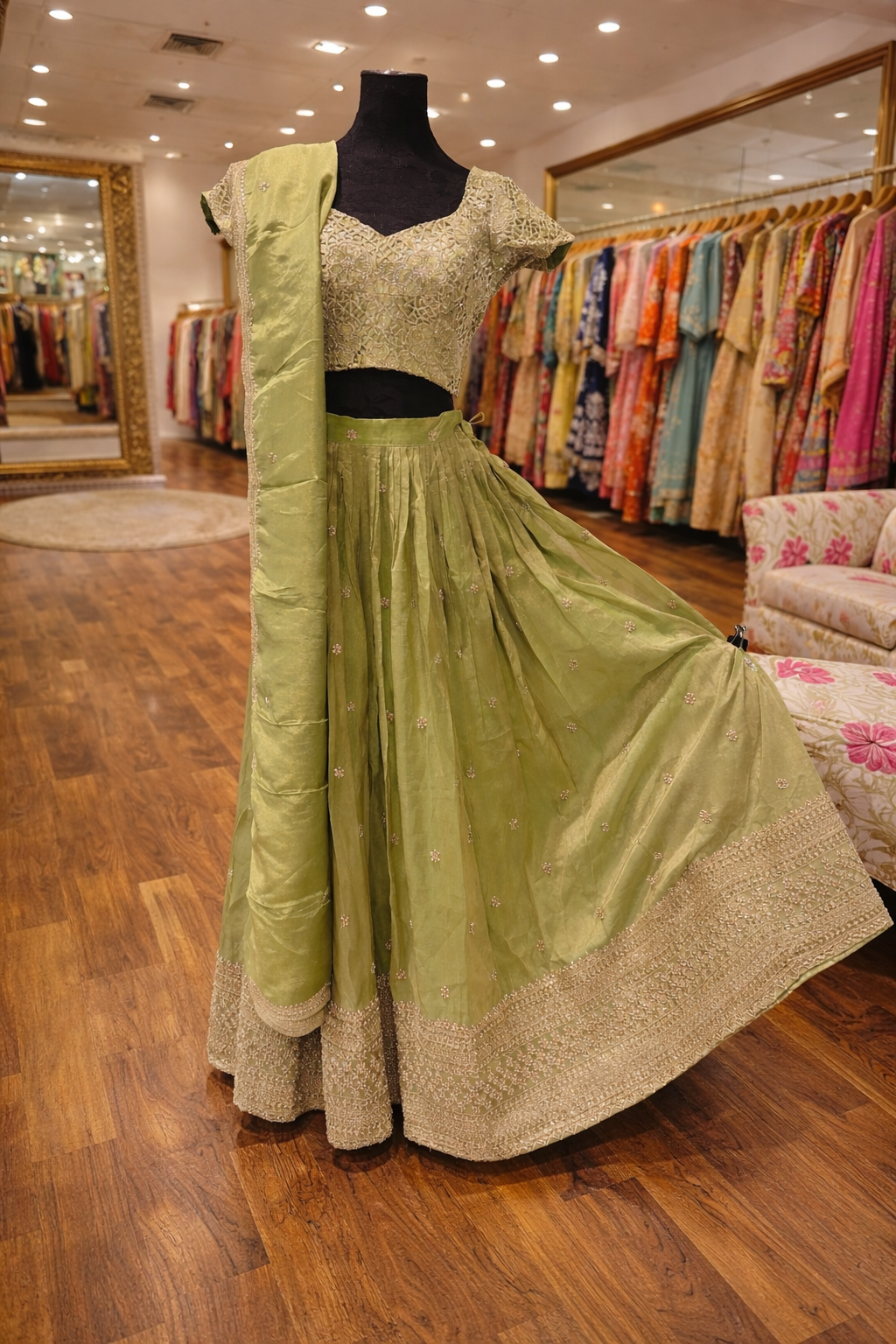 Elegant Olive Green Silk Lehenga Choli with Intricate Zari Embroidery & Dupatta