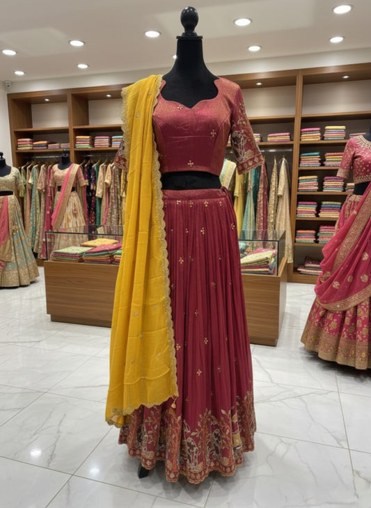 Elegant Crimson Red Georgette Lehenga Choli with Contrast Mustard Yellow Dupatta
