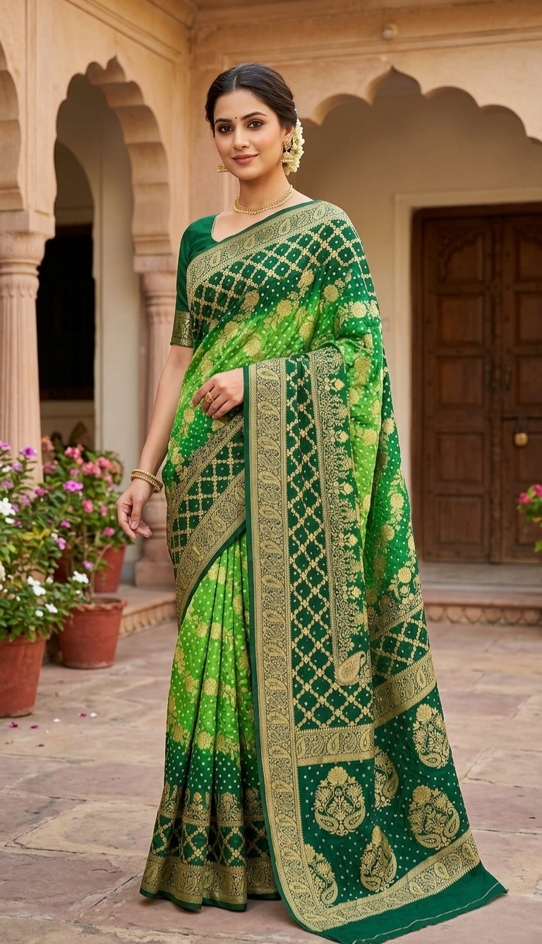 Exquisite Bottle Green Banarasi Bandhani Silk Saree with Rich Gold Zari Border & Flora Buta            Meenakshi collection 
Fabric : Dupian Silk Sari
Bandini tie and dye from Rajasthan 
Benarasi Dupian silk from Varanasi 
Stitched blouse 
38 to 42 size