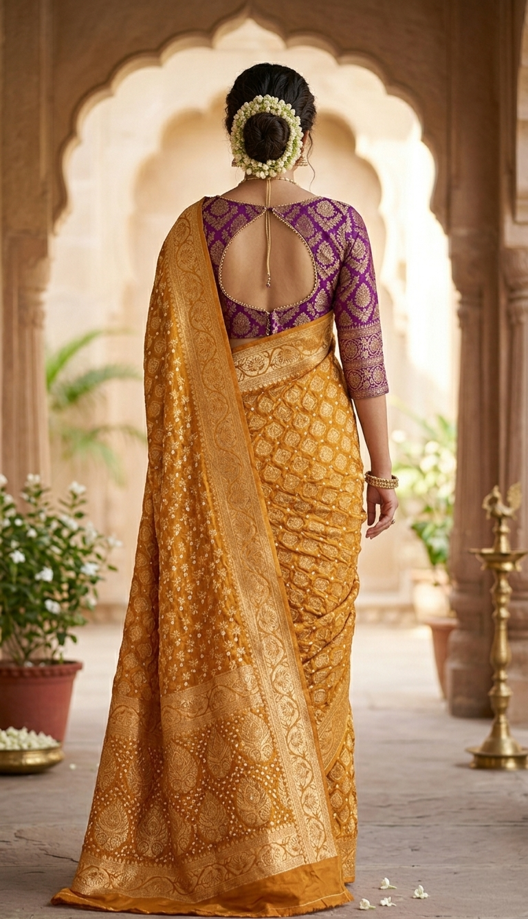 Meenakshi collection 

Fabric : Dupian Silk Sari
Bandini tie and dye from Rajasthan 
Benarasi Dupian silk from Varanasi 
Stitched blouse 
38 to 42 size