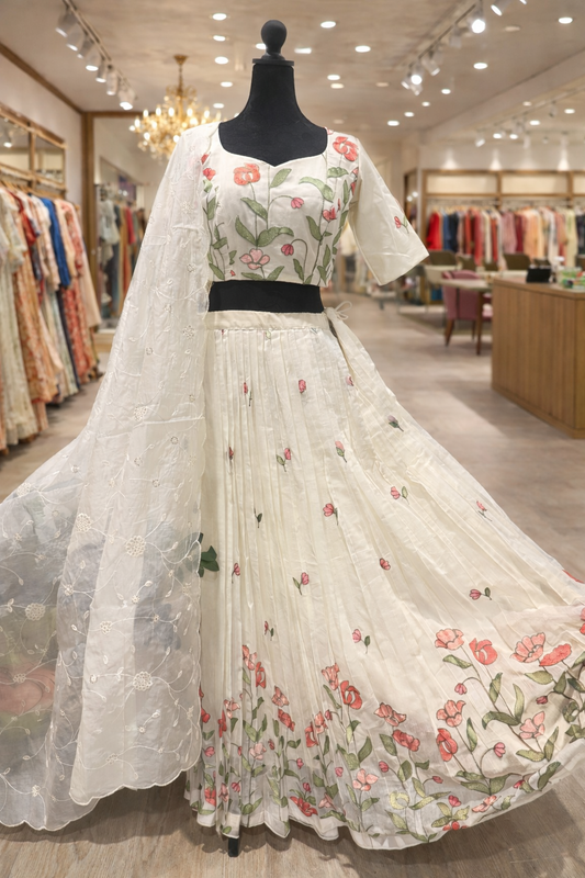 Mul Chanderi soft 

Thread embroidery 

Fabric made into lehenga set paired with soft duppatta