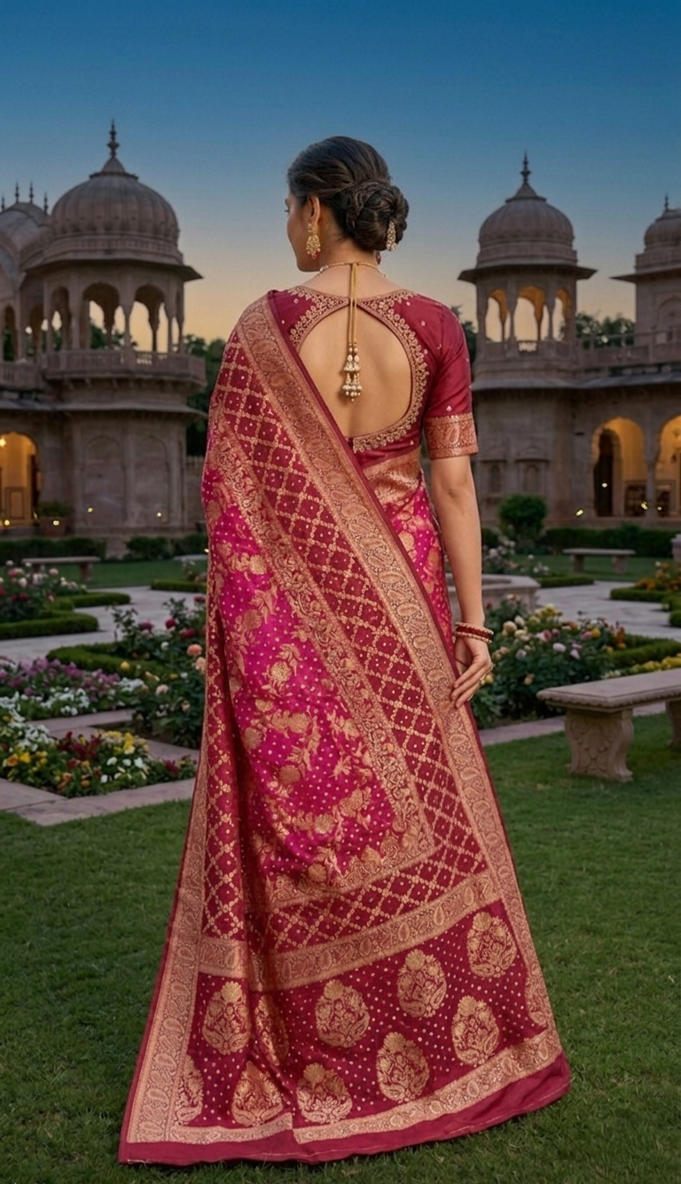 Meenakshi collection 
Fabric : Dupian Silk Sari
Bandini tie and dye from Rajasthan 
Benarasi Dupian silk from Varanasi 
Stitched blouse 
38 to 42 size