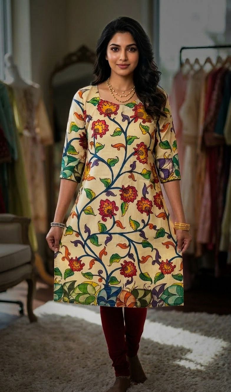 Pen Kalamkari which is Handpainted on cotton silk
Kurti