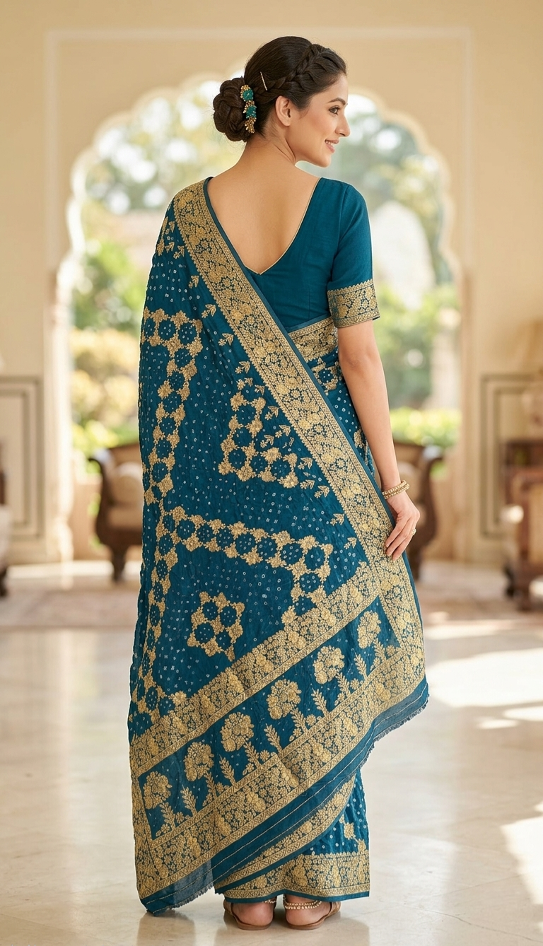 Meenakshi collection 

Fabric : Dupian Silk Sari
Bandini tie and dye from Rajasthan 
Benarasi Dupian silk from Varanasi 
Stitched blouse 
38 to 42 size